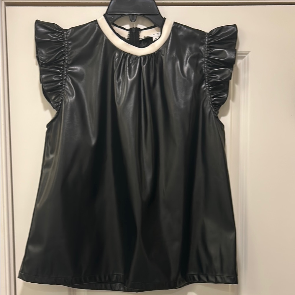 Chic Black Faux Leather Top with Ruffle Sleeves